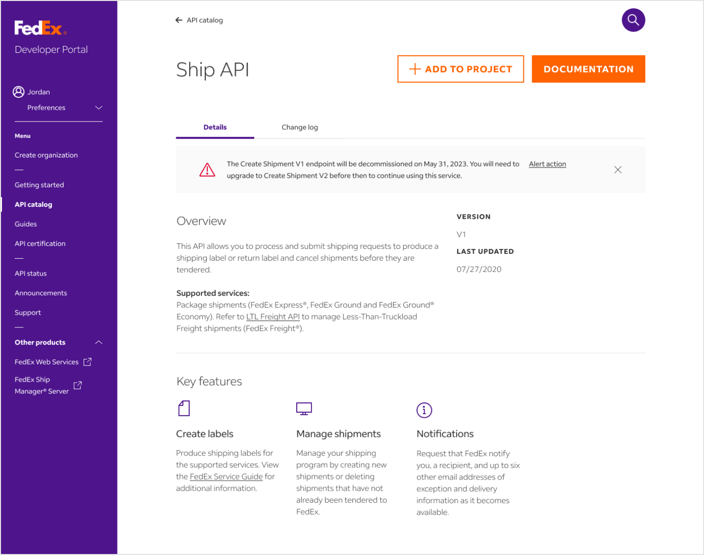 Screenshot of ship api page