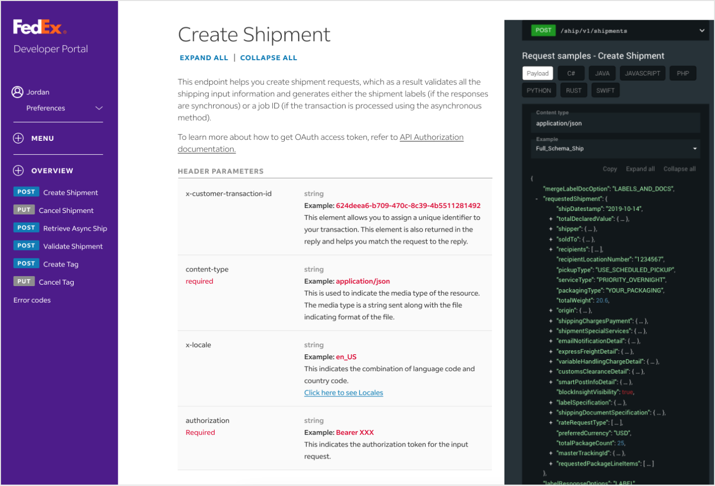 Screenshot of create shipment page