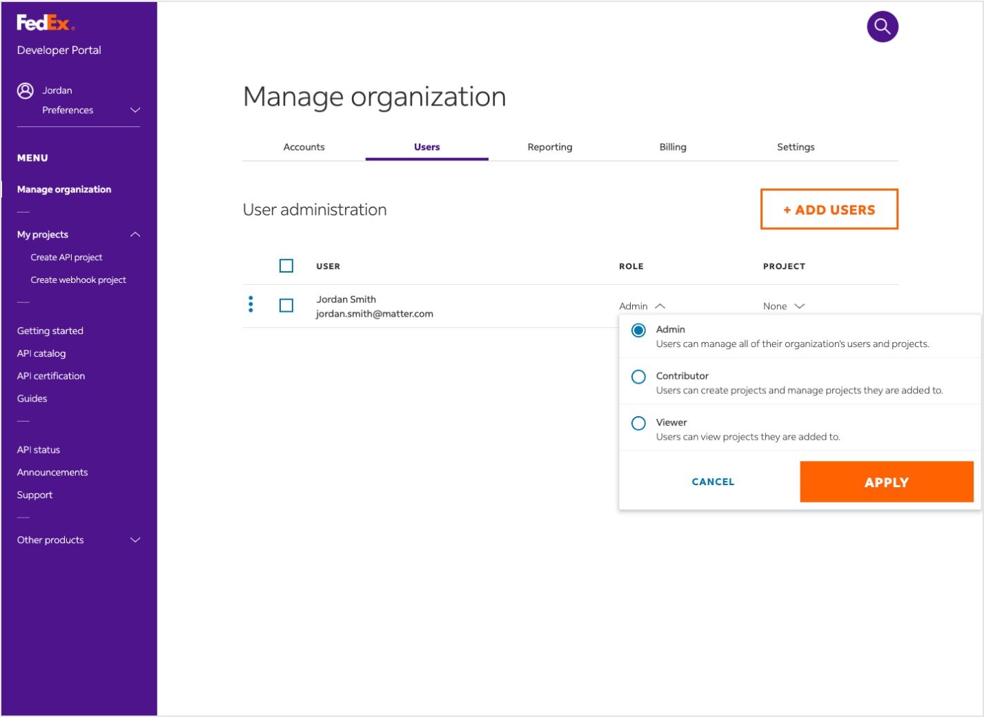 screenshot of Manage Organization page