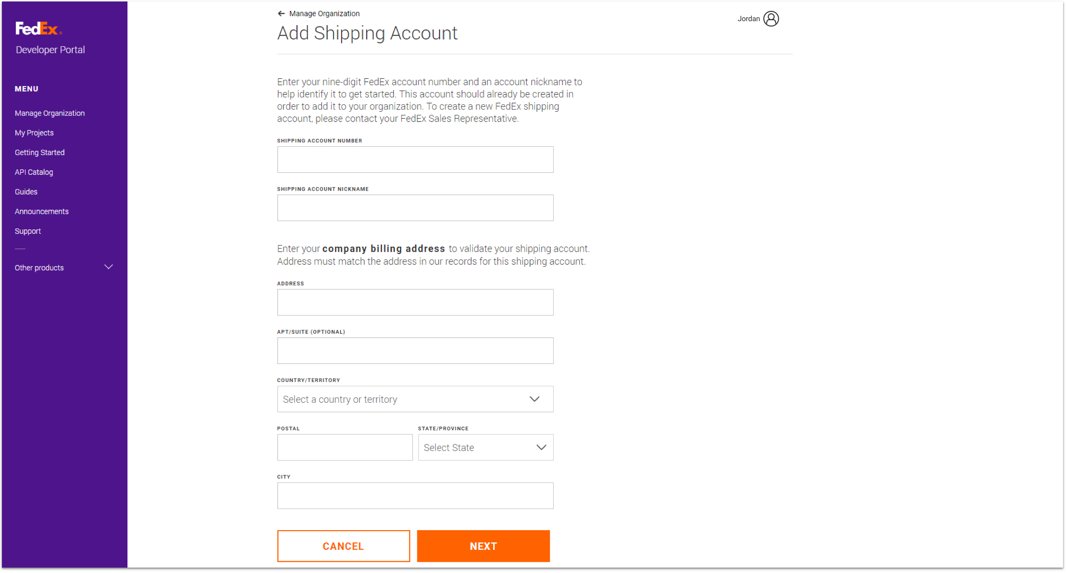 screenshot of Add Shipping Account page