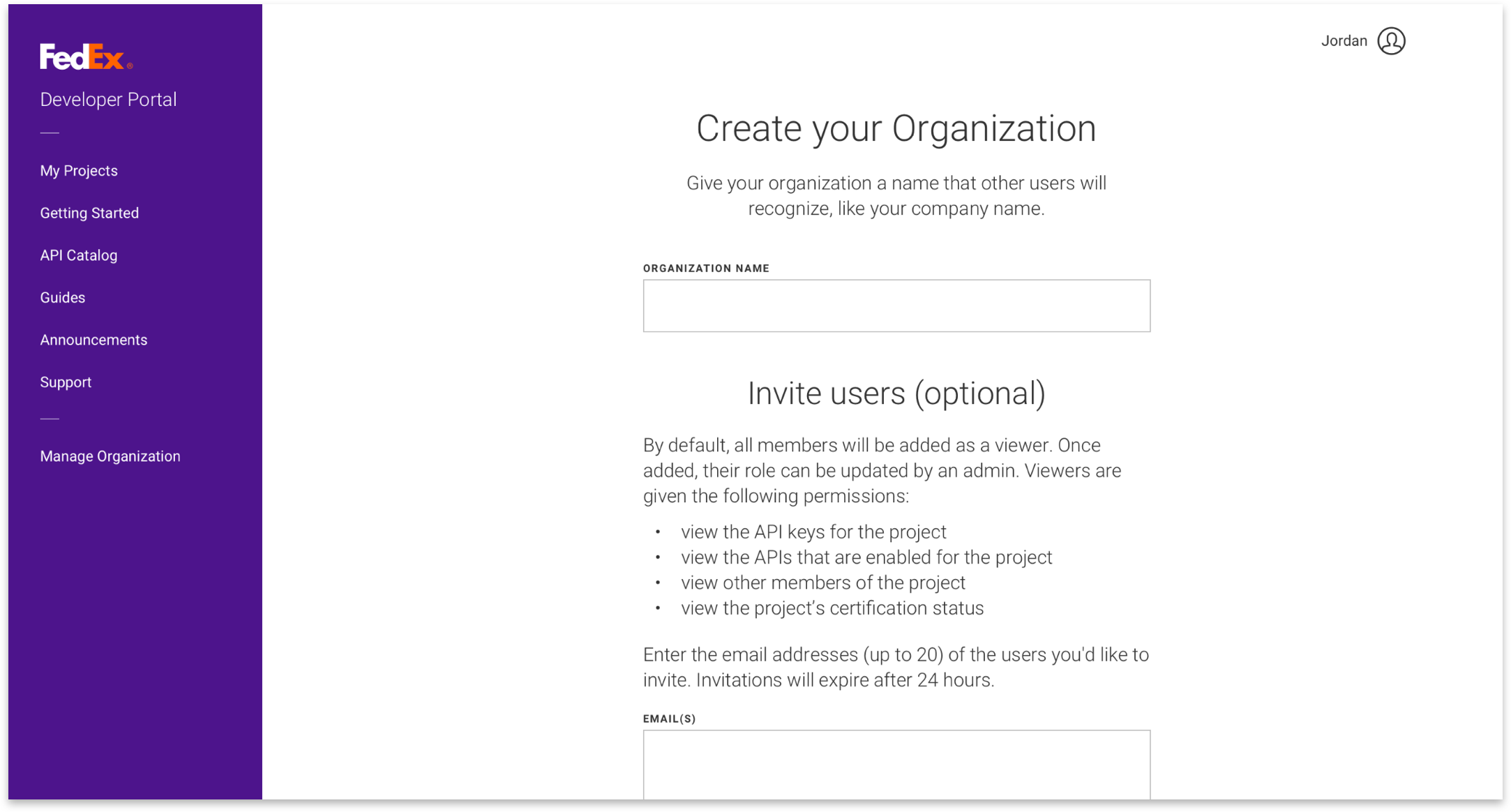 screenshot of Create your organization page