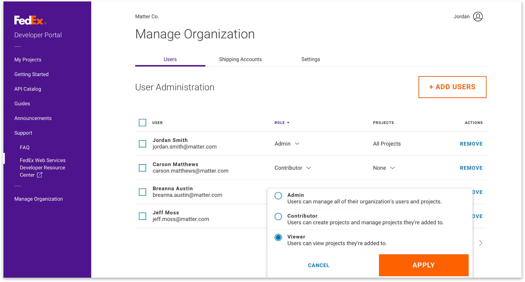 screenshot of Manage Organization page