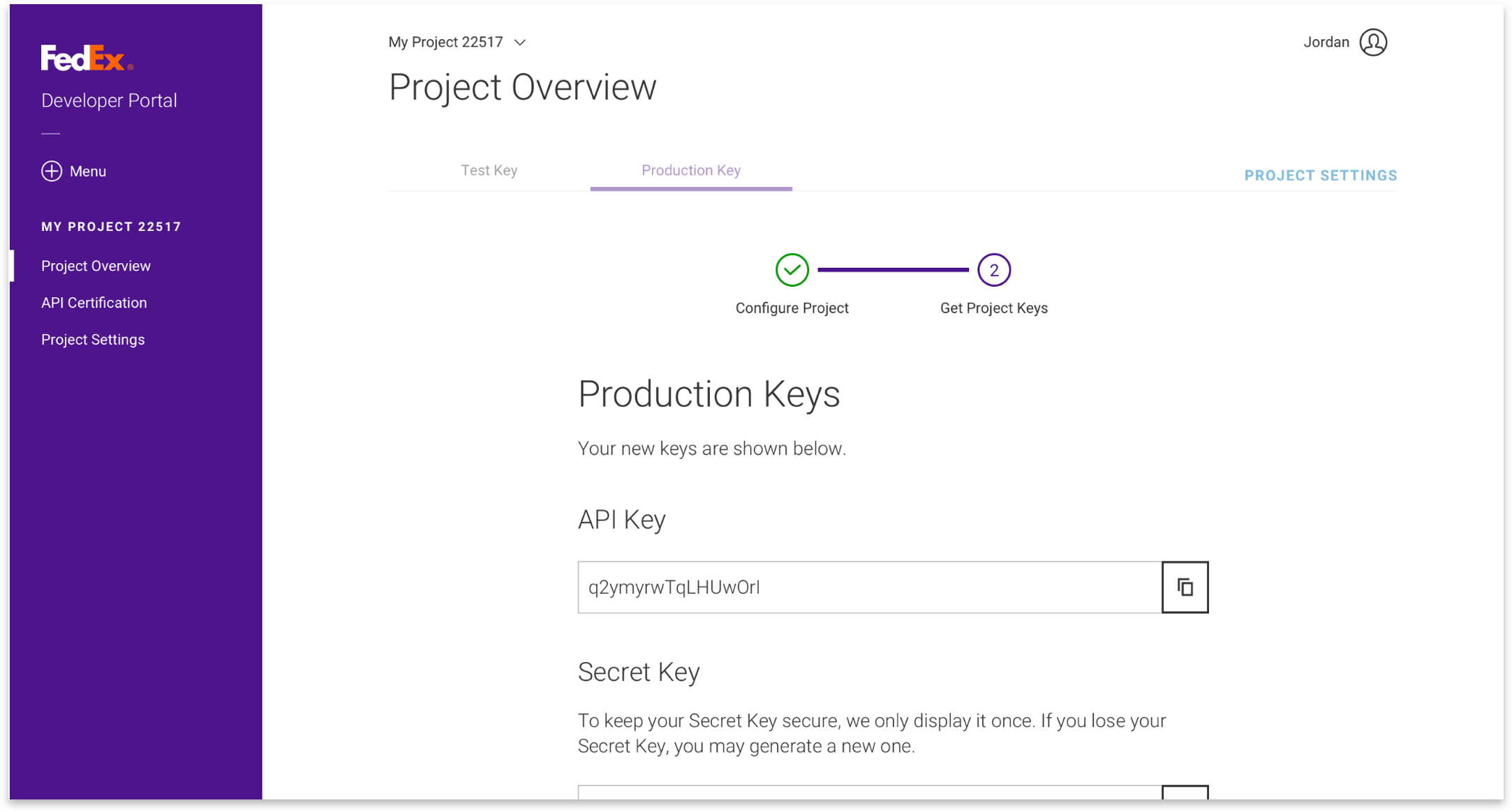 screenshot of step 2 of production keys  page