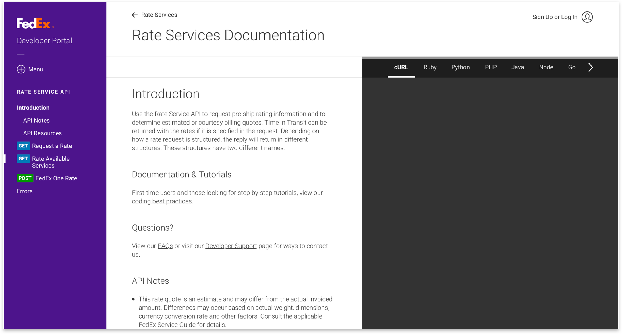 Screenshot of Rate documentation page