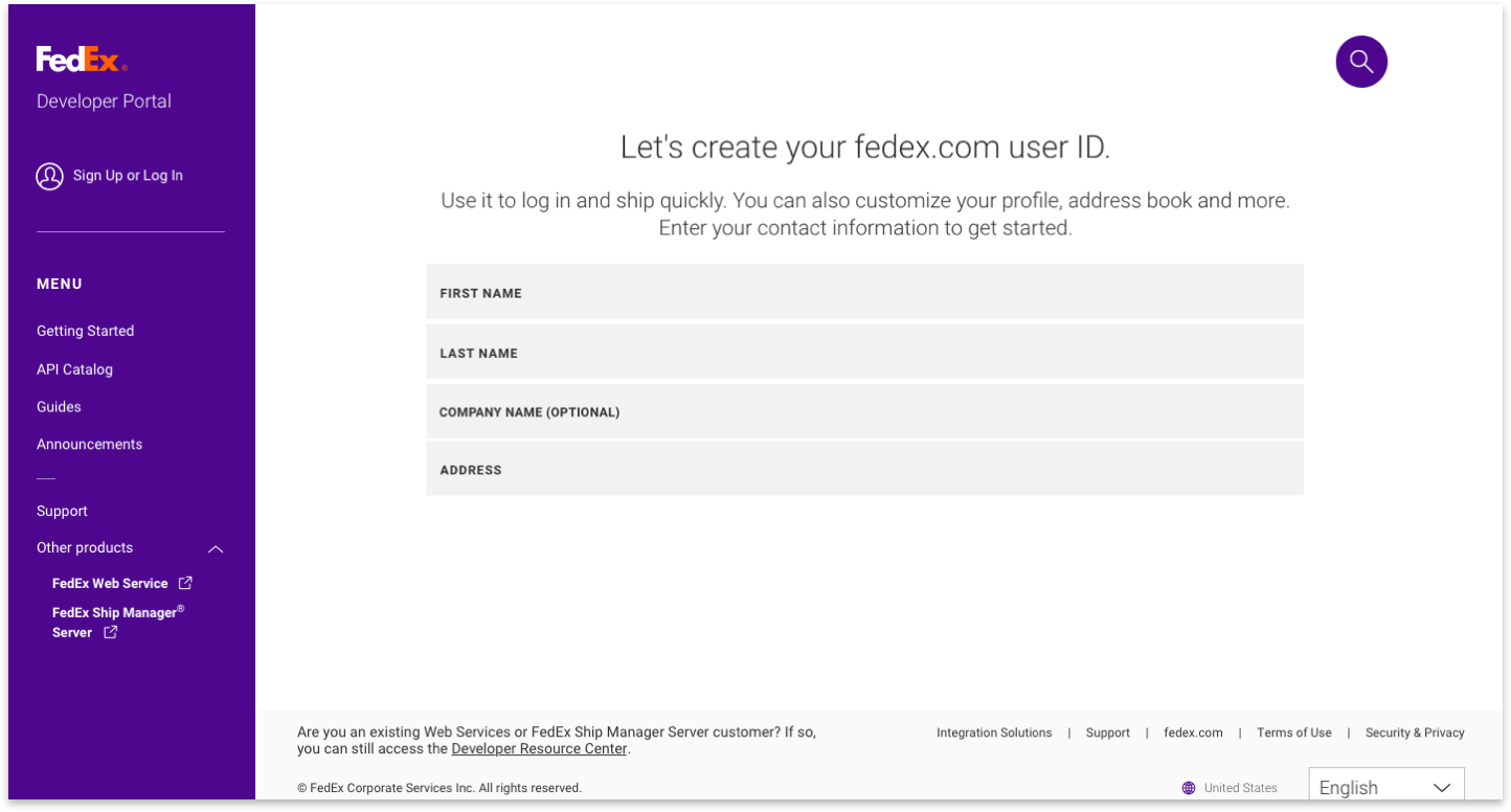 en skärmbild på sidan Registrera dig för att börja använda FedEx API:er