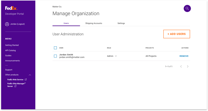 screenshot of Manage Organization Users page