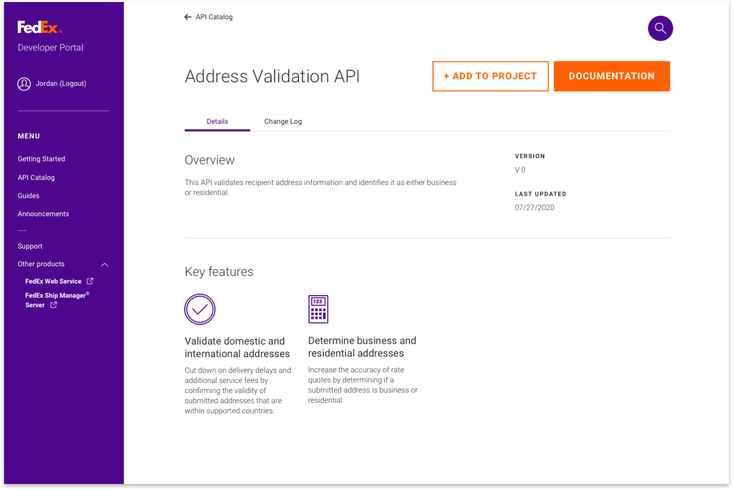 screenshot of Address Validation API Overview page