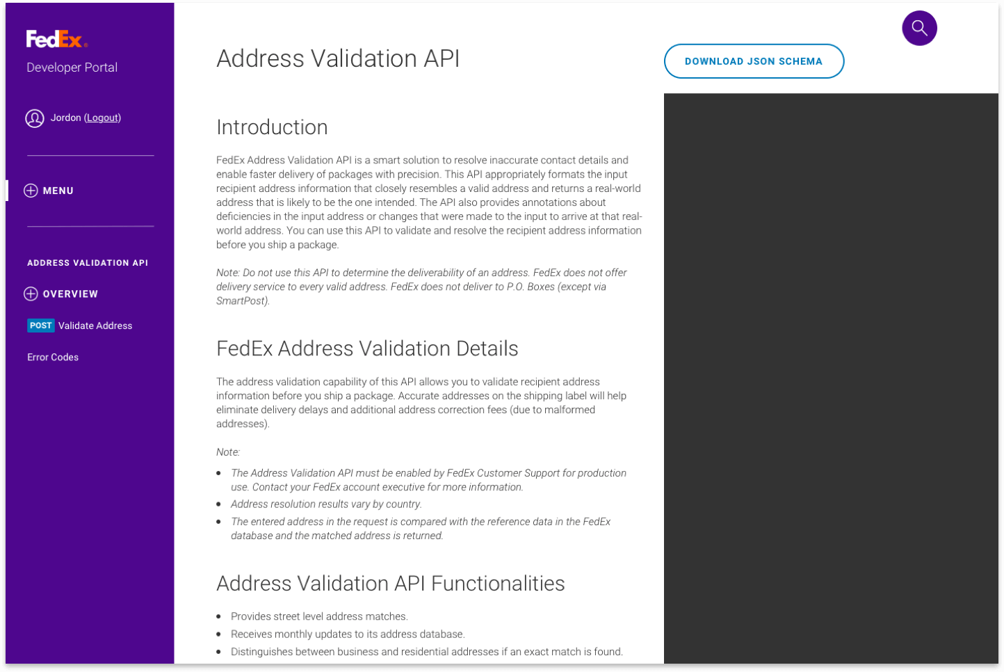 snímek obrazovky stránky Dokumentace k rozhraní API pro ověření adresy
