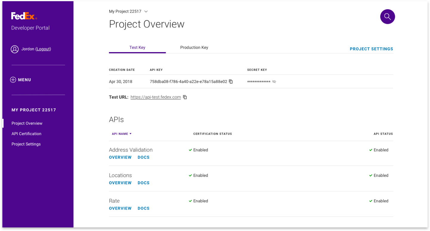 screenshot of Project Overview Test Key tab page